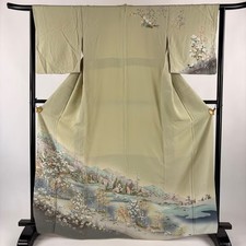 JAPANESE KIMONO HOMONGI GRAY-GREEN 165cm 5 ft 5 in PURE SILK B0798