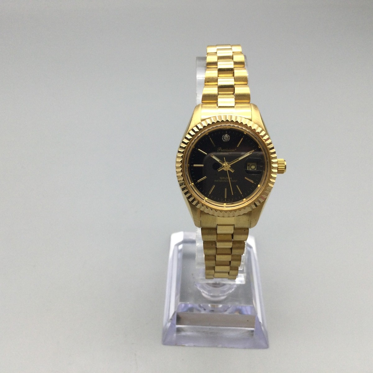 Gruen Precision Watch Womens 26mm Black Dial Gold Tone New Battery