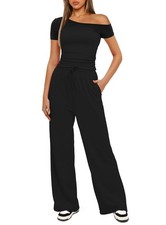 Women's 2 Piece Outfits Lounge Sets Off Shouler Short Sleeve Tops and High Wa...