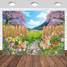 Spring Flowers Grass Easter Backdrop 7X5Ft Colored Egg Green Grass Pink Floral G