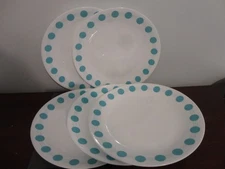 VINTAGE CORELLE "SOUTH BEACH" TURQUOISE BLUE POLKA DOTS ON WHITE 5 DINNER PLATES