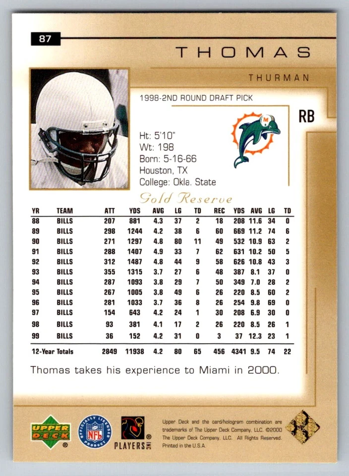 2000 Upper Deck Gold Reserve #87 Thurman Thomas - Image 2 of 2