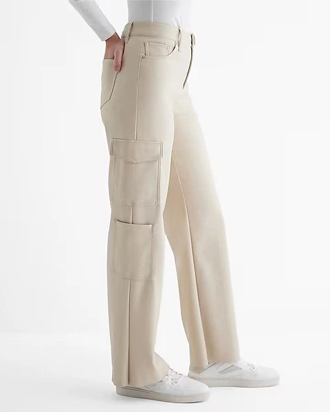 Pantalones cargo Express Express cintura alta imitación cuero pierna ancha talla 0 crema 0R nuevos en paquete Foto 3 de 4