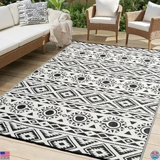 ONBRILL 9x12 ft Waterproof Outdoor Rug - Reversible Black & White Patio Carpet