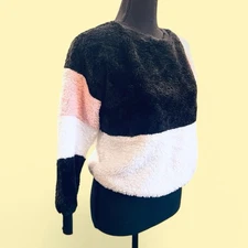 Colorblock Faux Fur Crewneck Sweater Pullover XS