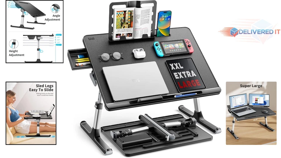 Large Adjustable Laptop Desk Bed Tray Foldable Storage Drawer Bookstand Black - Image 2 of 4