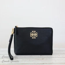 NWT Tory Burch Britten Large Zip Pouch Leather Wristlet in Black
