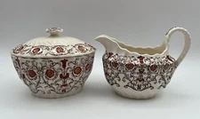 Spode Copeland Sorrento Floral Creamer & Lidded Sugar w Red Orange Flowers