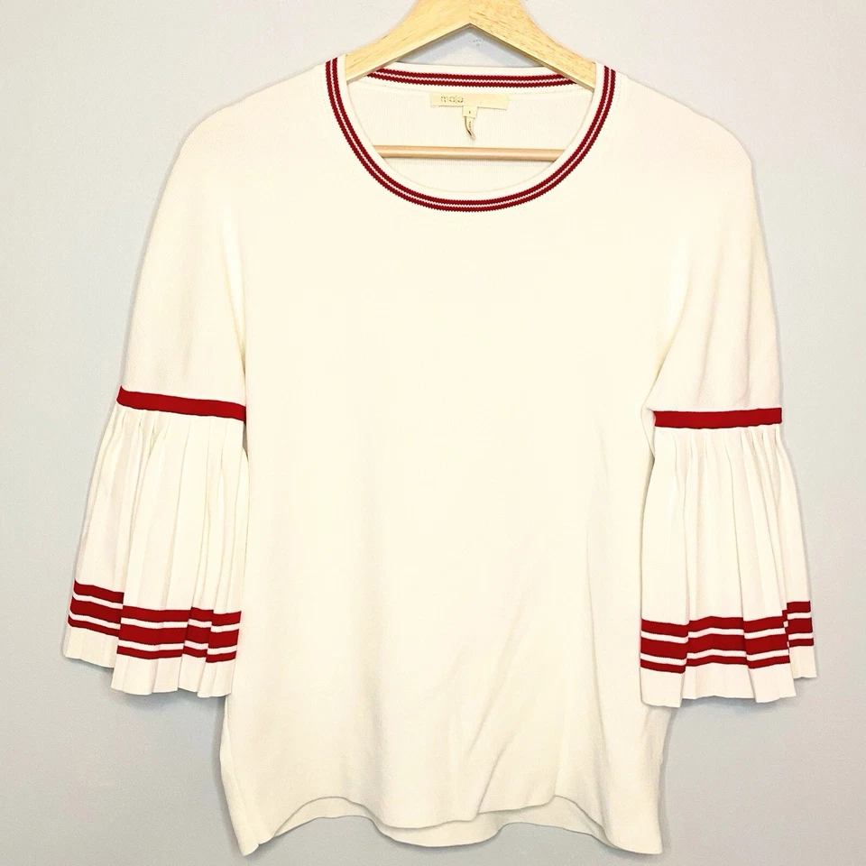 Suéter feminino Maje branco com manga de sino plissada vermelha tamanho 1 ou M - Imagem 2 de 4