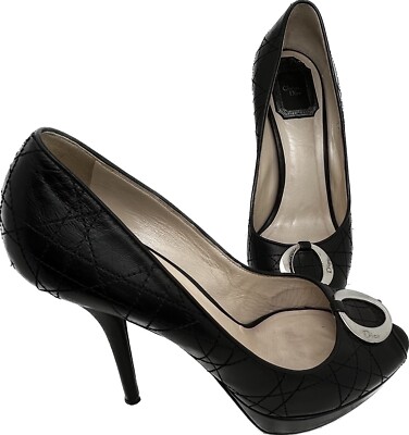 Christian Dior Size 37 1/2 Black Leather Peep Toe Pumps Women's | eBay