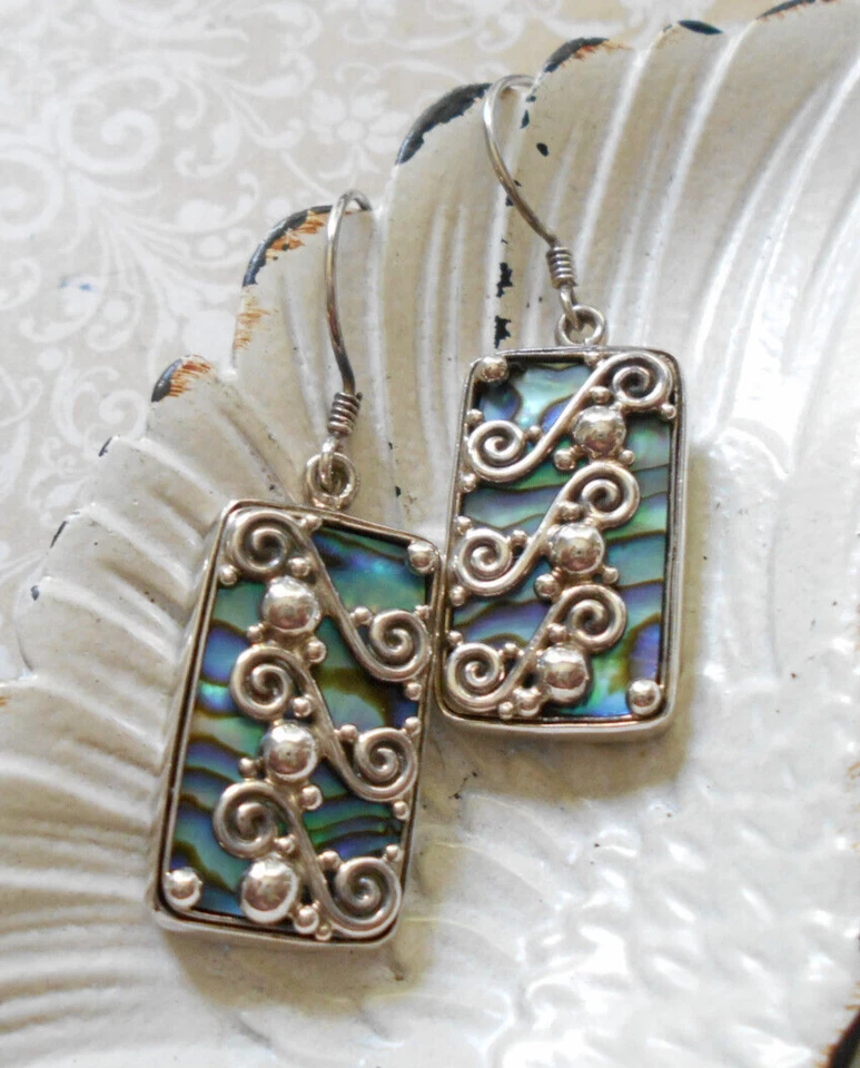 Sajen Sterling Silver Scroll Overlay Abalone Dangle Earrings  39KK - Image 3 of 4
