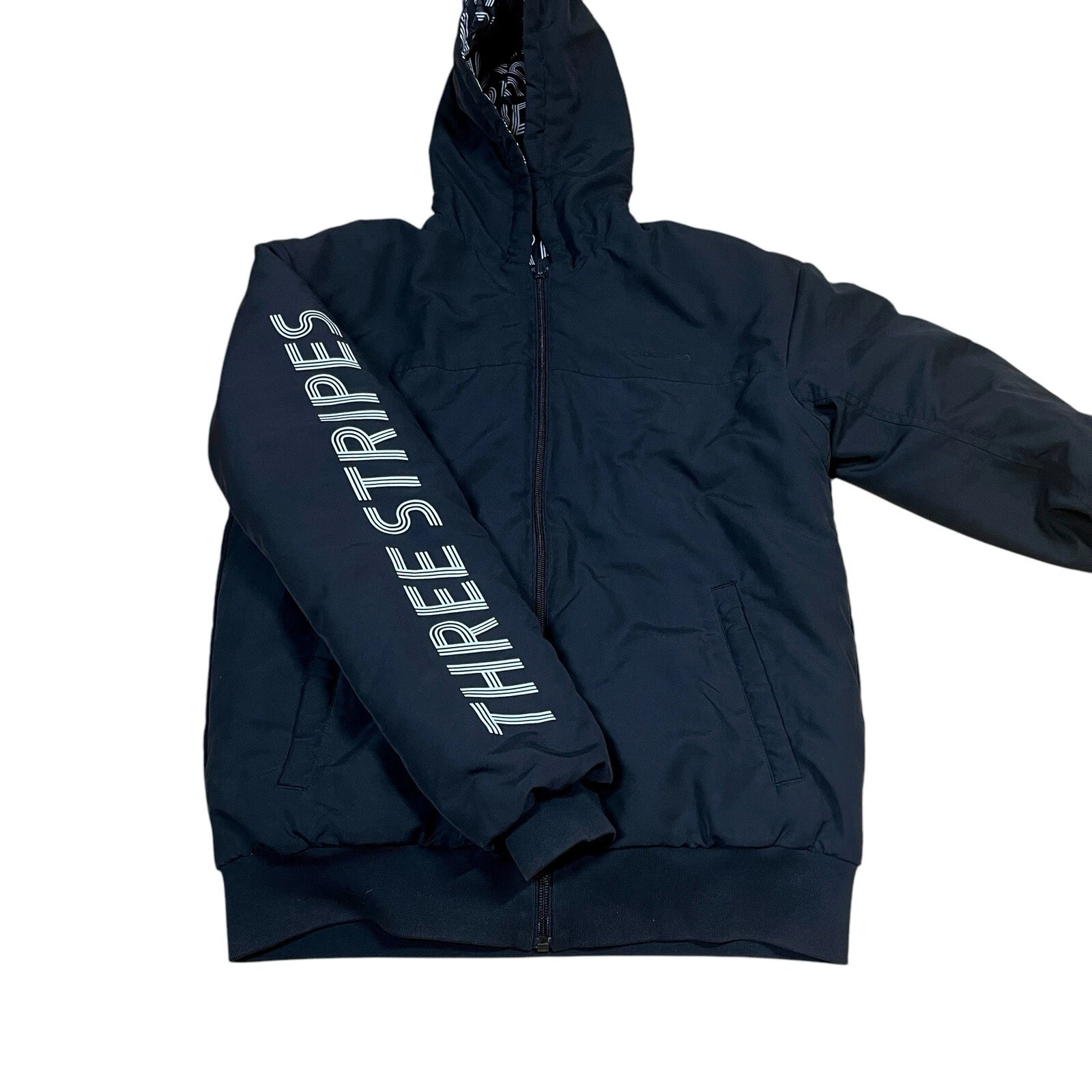 Adidas Neo Reversible Puffer Hoodie Jacket Medium Black Logo Graphic Print - product detail image 9