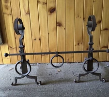 Antique Andirons Rare Gothic Figural Swirl Cast Iron With Bar Three Piece Set