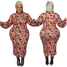 Plus Size Women Mock Neck Long Sleeve Hollow Out Leopard Print Bodycon Dress