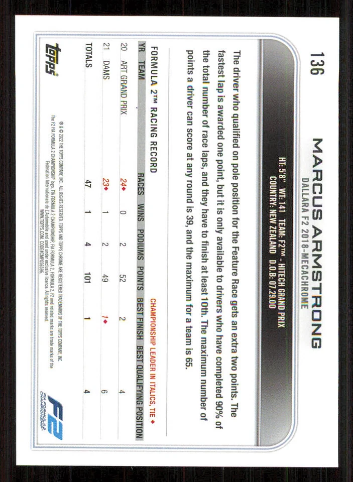 2022 Topps Chrome Formula 1 #136 Marcus Armstrong CAR - Image 2 of 2