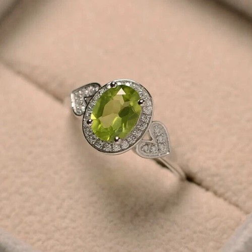1.51 Ct Natural Peridot & Diamond Valentine's Day Ring 14K Real White Gold solid - Picture 3 of 6