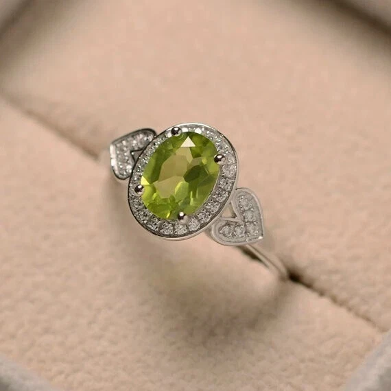 1.51 Ct Natural Peridot & Diamond Valentine's Day Ring 14K Real White Gold solid - Image 3 of 4