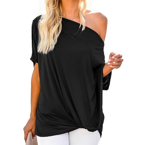 Fashionable Cold Shoulder T-Shirt for Women Short Dolman Sleeve Irregular Blouse - Picture 35 of 38