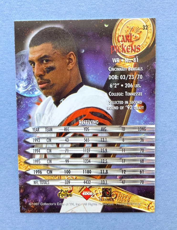 1997 Collector's Edge Excalibur Carl Pickens #32 Cincinnati Bengals - Image 2 of 2