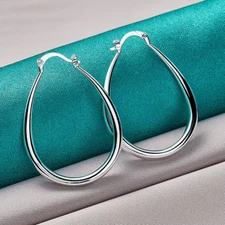 925 Sterling Silver Oval Smooth Earrings L: 1.7 in W: 33 mm Oval Hoops
