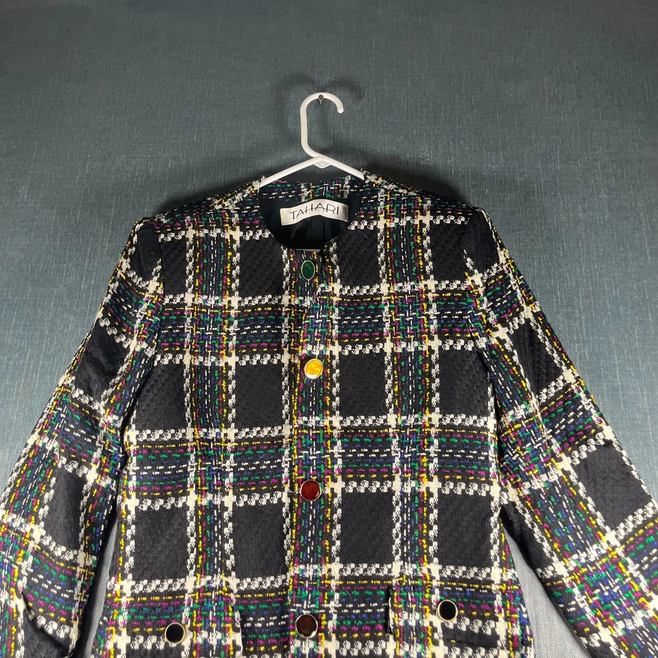 Cárdigan Suéter Tahari Mujer Talla 10 Multi Cuadros Lana Tejido Apretado Manga Larga Foto 4 de 4