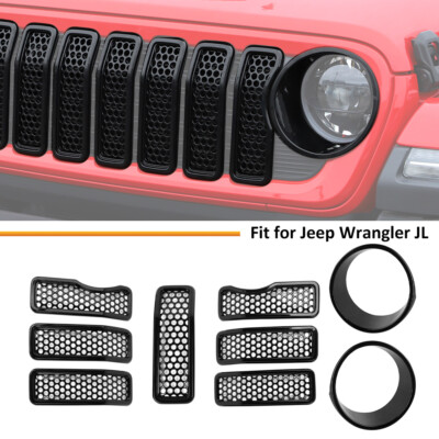For Wrangler JL 2024+ Black Front Grille Mesh Insert Headlight Cover Accessories