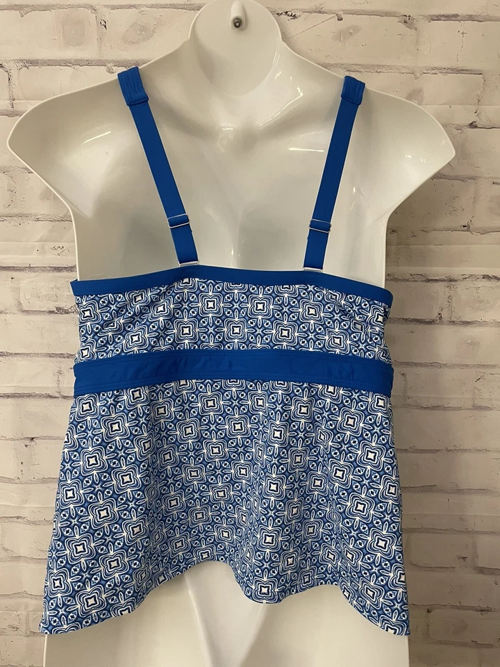 Lands’ End Blue White Floral High Neck Modest Tankini Swimsuit Top 18W DD Resort - Image 2 of 4