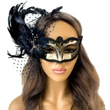 Elegant Mardi Gras Feather Masquerade Masks for Masquerade Ball Prom Gold Black