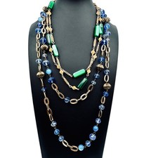 Vintage Station Bead Long Necklaces Green Blue Glass Beads Gold Tone 36" 48" 60s