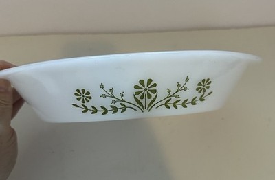 VTG Jeanette Glasbake Divided Casserole Dish Green Daisy Design J2352 No Lid