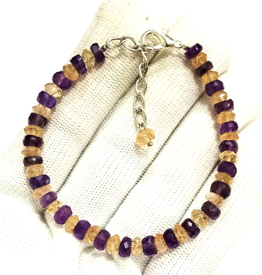 Natural Citrine and Amethyst Faceted Rondelle Bracelet Handmade Gemstone Jewelry - Image 4 of 4