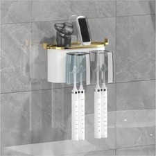 Wall Mounted Toothbrush Holder Set, Plastic, Toothpaste Dispenser, White/Gold/B  