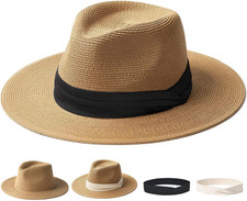 Panama Hat Sun Hats for Women Men Wide Brim Fedora Straw Beach Hat UV UPF 80