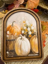 Fall Autumn Pumpkins Mini Picture With Arch Top Wood Frame