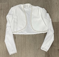 White Bridal Bolero Shrug Pearl Trim Long Sleeve Wedding Jacket Size 10