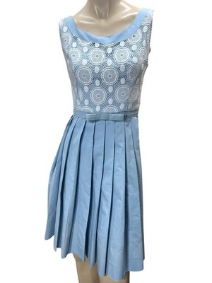 EUC Vtg 60s XS Mar Tee Day Dress Blue Knife Pleat Skirt Atomic White Lace Belted