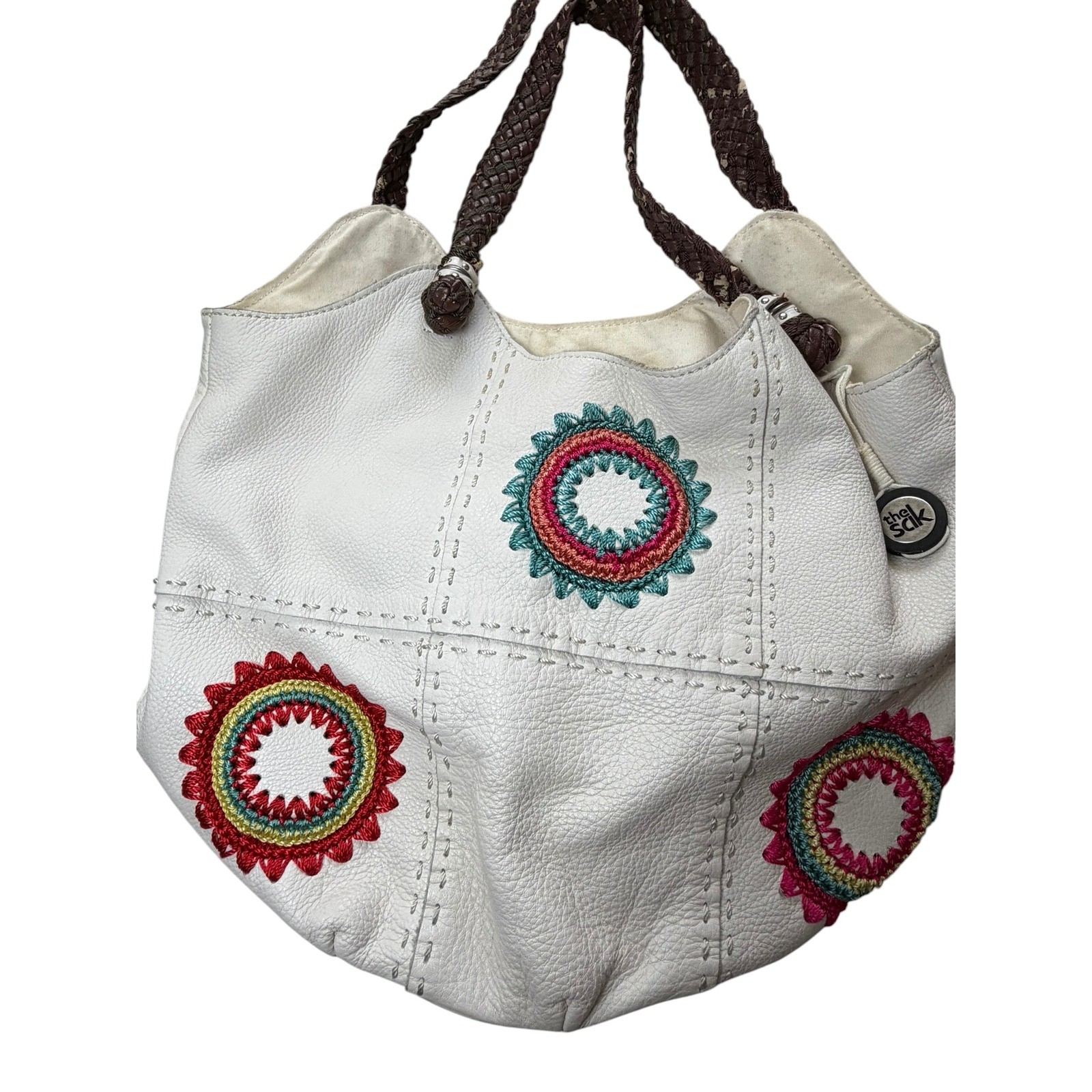 The Sak White Leather Hobo Bag Crochet Embroidery Braided Handle Boho Bag