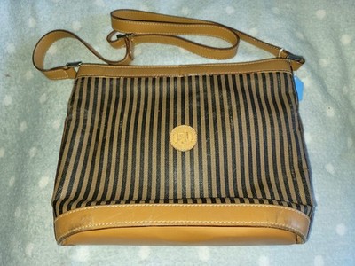 Vintage Fendi Shoulder Bag Pequin Stripe Ff Logo Brown Leather  Designer Handbag
