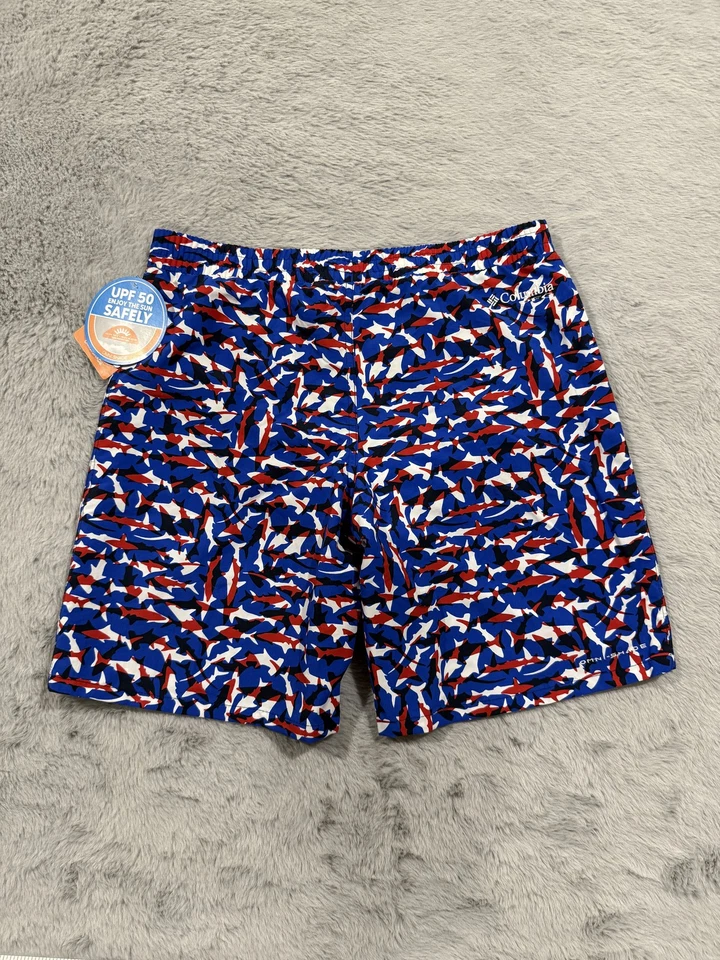 Columbia PFG Pantalones Cortos Niños XL 18/20 Azul Rojo Estampado Tiburón Omni-Sombra UPF 50 Natación Foto 3 de 4