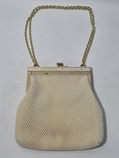 Vtg Made in Hong Kong Faux Seed Pearl Beaded Evening Handbag Gold Chain Handle