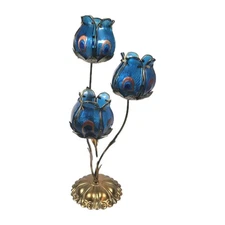 17" Lotus Lamp Candle Holder 3 Cup Peacock Feather Glass w/ Metal Frame