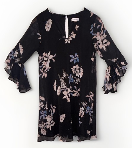 Calvin Klein Women's Size 6 Black Floral Chiffon Shift V-Neck Ruffle Bell Sleeve