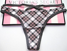 VICTORIA'S SECRET Cotton Thong Panty VS Black White Pink Plaid L XL Strappy NWT