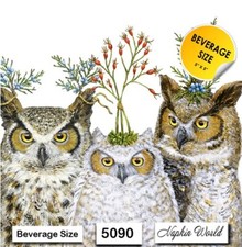 (5090) TWO Individual Paper BEVERAGE / COCKTAIL Decoupage Napkins - THREE OWLS