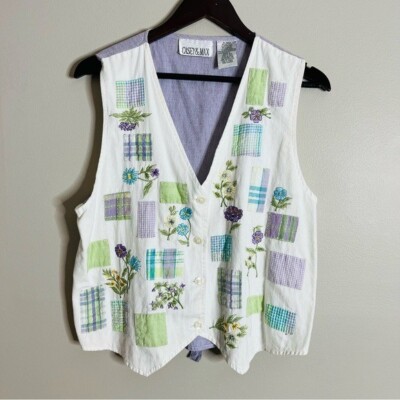 Vintage Casey & Max Size Large Cotton Embroidered Cottage Patch Floral Vest Z16