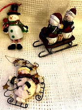 Christmas Ornament Lot Of 3 Snowman Theme Ornaments Resin, Metal Cute Assortment