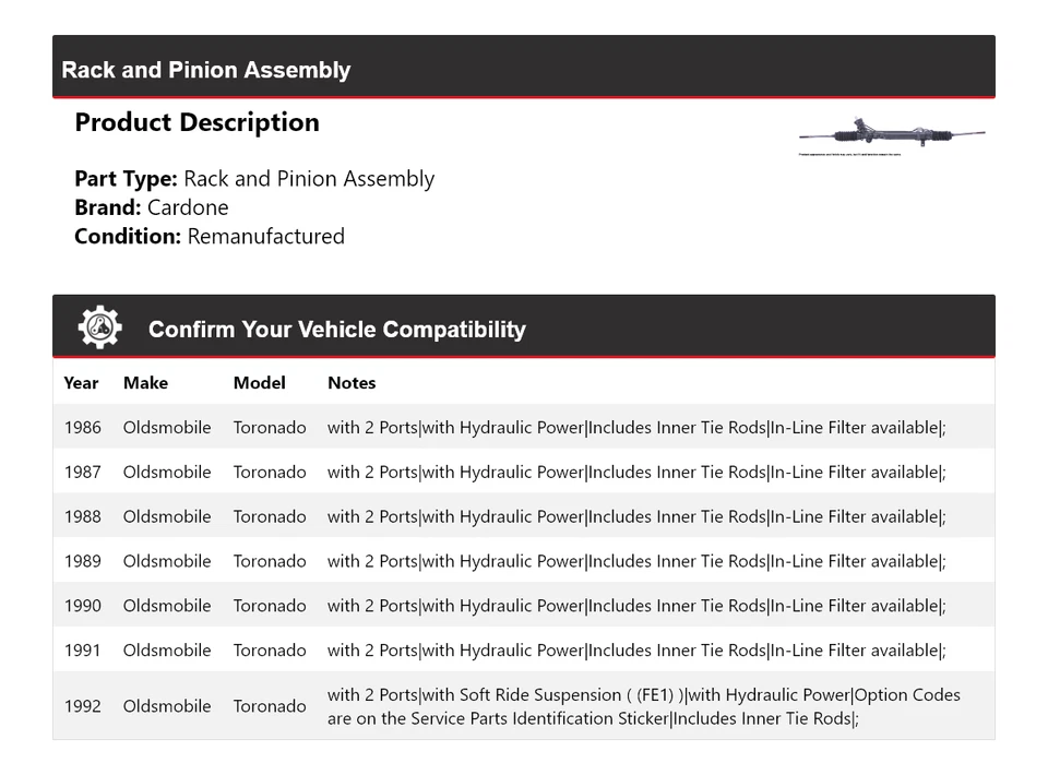 For 1986-1992 Oldsmobile Toronado Rack and Pinion Assembly Cardone 1987 1988 - Image 2 of 4