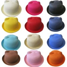 Summer Kids Girls Sun Hat Cat Ears Devil Horns Bowler Derby Cap Beach Sunhat