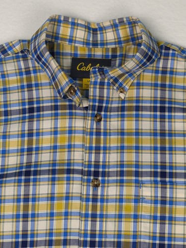 Camisa Cabela para hombre L abotonada manga corta azul amarillo a cuadros 100 % algodón - Imagen 6 de 10