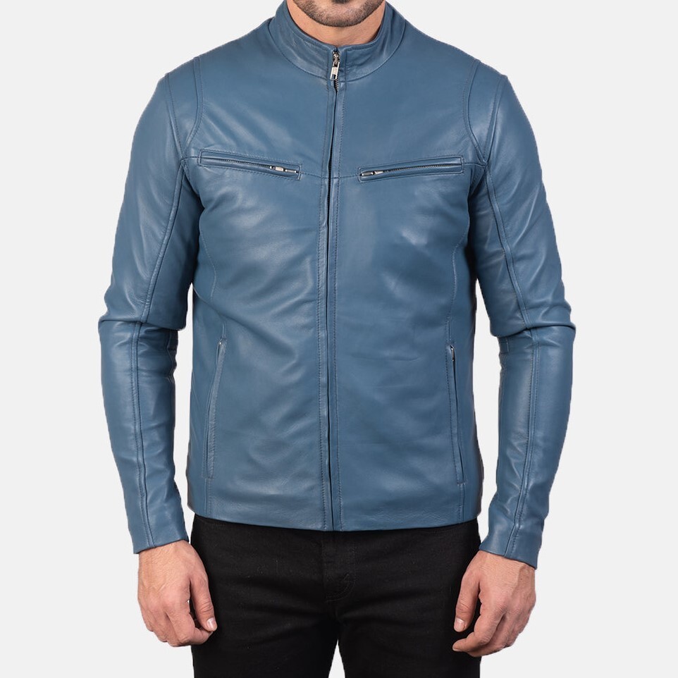 Men's Ionic Blue Real Leather Biker Jacket - Premium Genuine Motorcycle Jacket